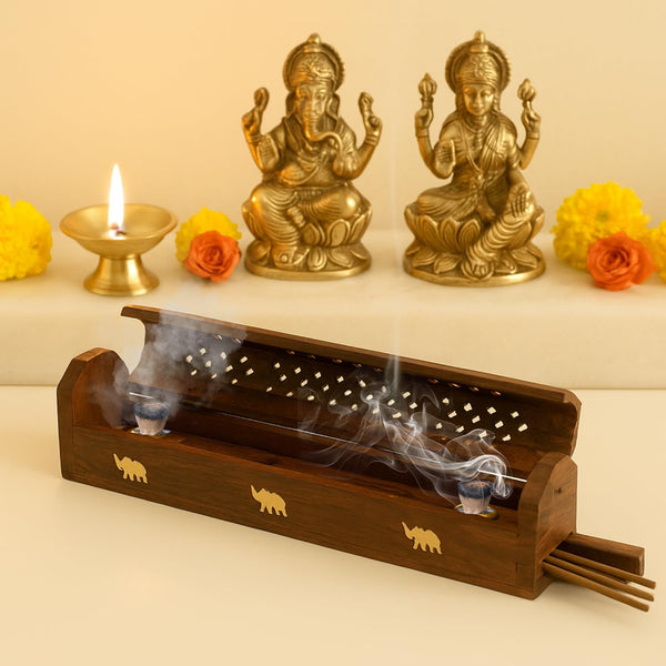 Swarajya India Wooden Agarbatti Stand | Sheesham Wood & Brass Incense Holder Box for Dhoop, Agarbatti Sticks, Smoke Fountain | Elegant Home Fragrance Stand | Brown