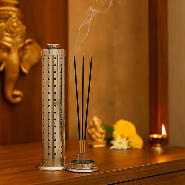 Swarajya India Stainless Steel Agarbatti Stand | Incense Stick Holder with Ash Catcher for Worship & Meditation | Durable Steel Incense Holder for Home Pooja | Silver Color