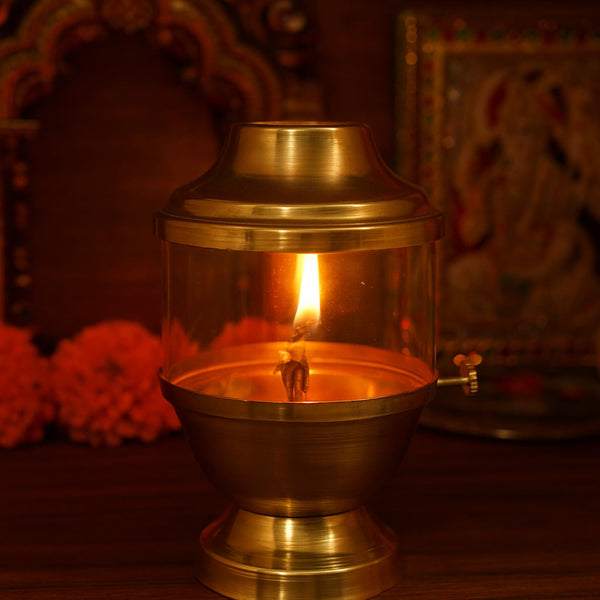Swarajya India Akhand Diya Brass Oil Lamp with Glass Cover & Screw Lid | Traditional Deepak for Pooja, Mandir, Diwali Decoration | Long-Lasting Spiritual Diya for Home Temple | 250ml