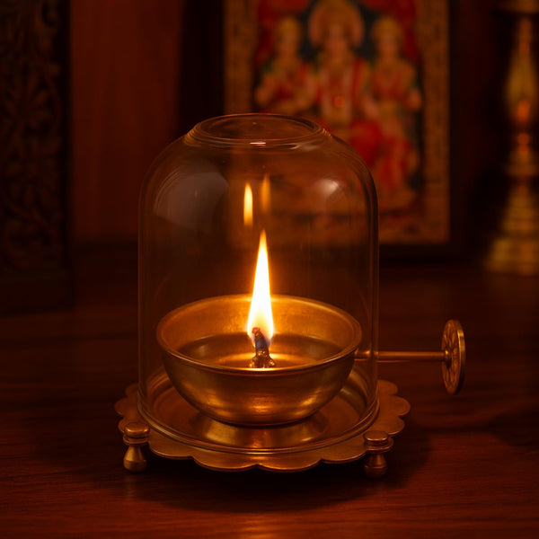 Swarajya India Brass Akhand Diya with Adjustable Screw & Borosilicate Glass Cover – 125ml | Long-Lasting Brass Diya for Pooja, Aarti, Temple & Home Mandir Use | Brass