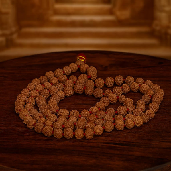Swarajya India Natural 5 Mukhi Rudraksha Mala | 7.50mm Round Beads for Meditation, Pooja & Spiritual Healing | Handcrafted Panchmukhi Jap Mala for Men & Women | Brown