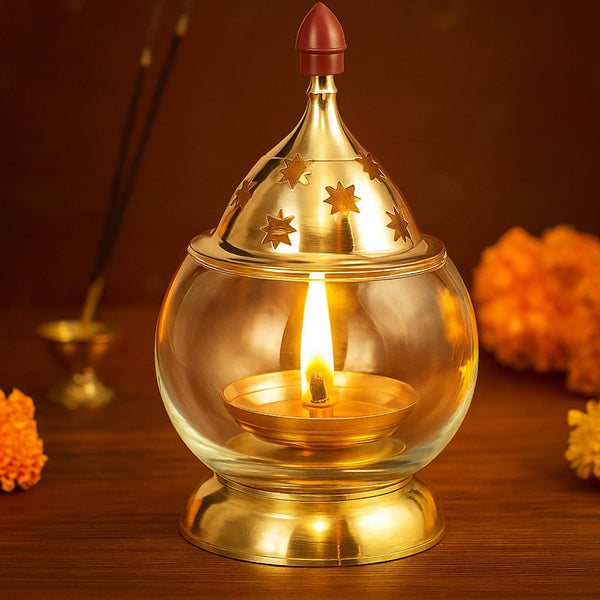 Swarajya India Brass Diya with Round Glass Cover | Traditional Pooja Oil Lamp for Home Temple | Handcrafted Antique Brass Deepak with Wind-Resistant Glass | Ideal for Aarti, Diwali & Gifting